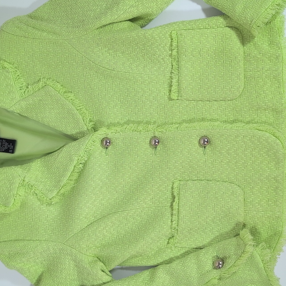 SilkLand Vibrant Green Frayed Vintage Blazer Size 10P - Picture 3 of 7